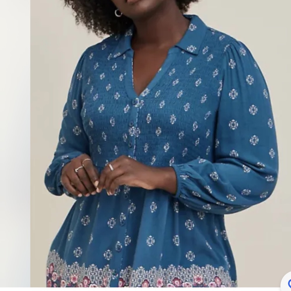 Torrid BABYDOLL RAYON SLUB SMOCKED BUTTON-FRONT TUNIC TOP